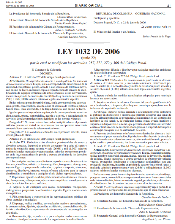 LEY 1032 DE 2006